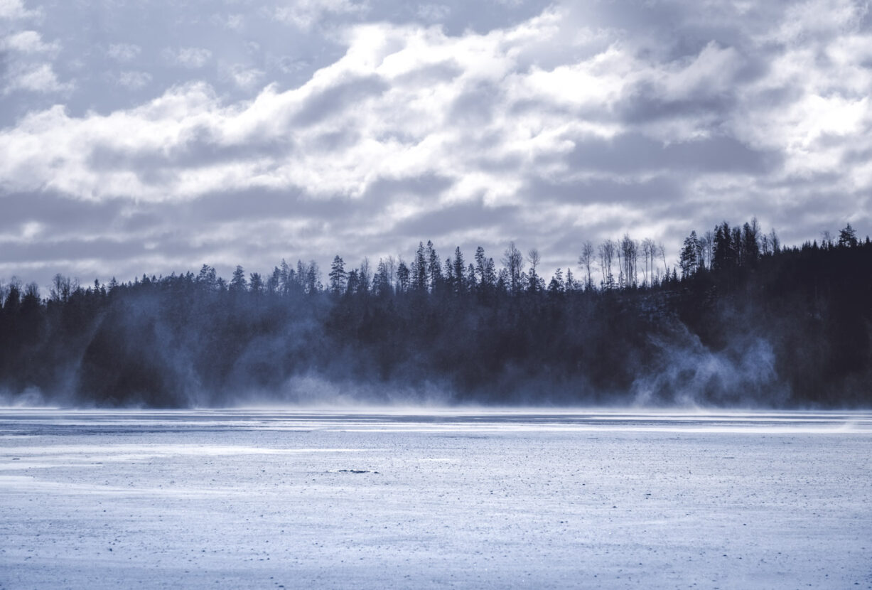 Sweden, The wind blowing on a frozen forest lake