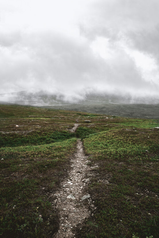 Narrow path on the misty mountains of North Dalarna