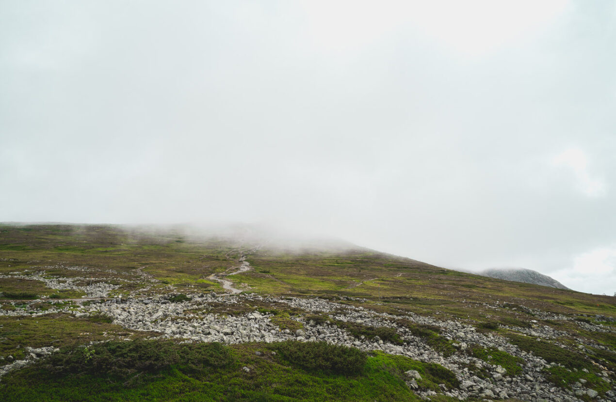A rocky path towards one of the mountains of Trollvägen on a misty morning